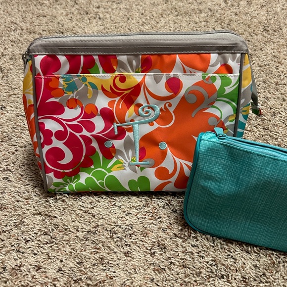 Thirty-One Cosmetic Bag Set - Island Damask & Turquoise Teal 9X10 Plastic Lined - Picture 8 of 12